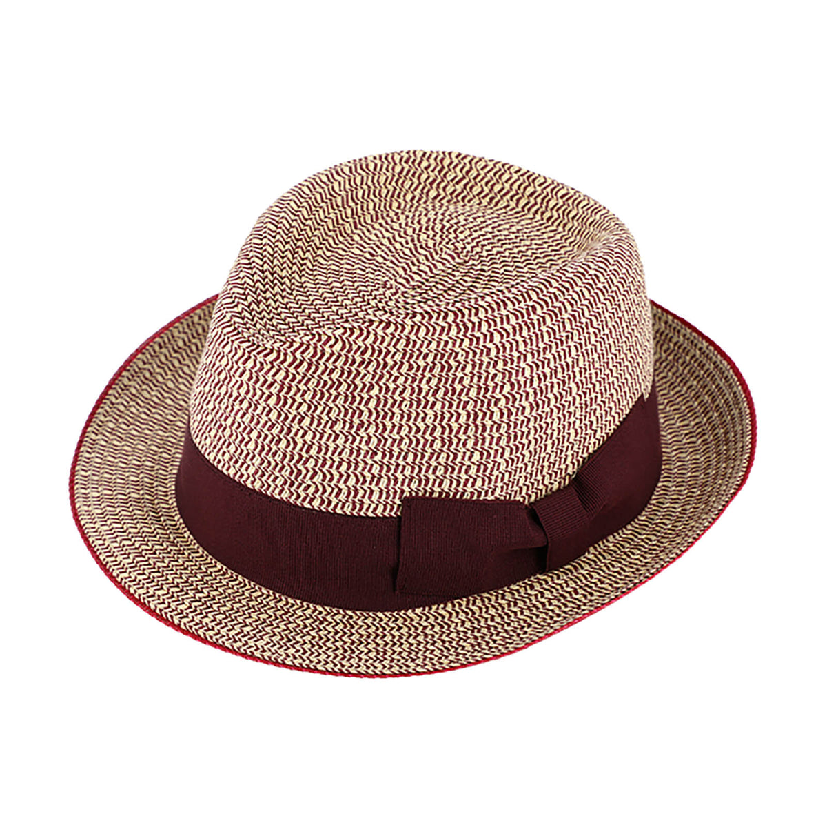 Fiebig Papierhut Trilby melange Ripsband und Borte uni abgesetzt Erdbeerrot