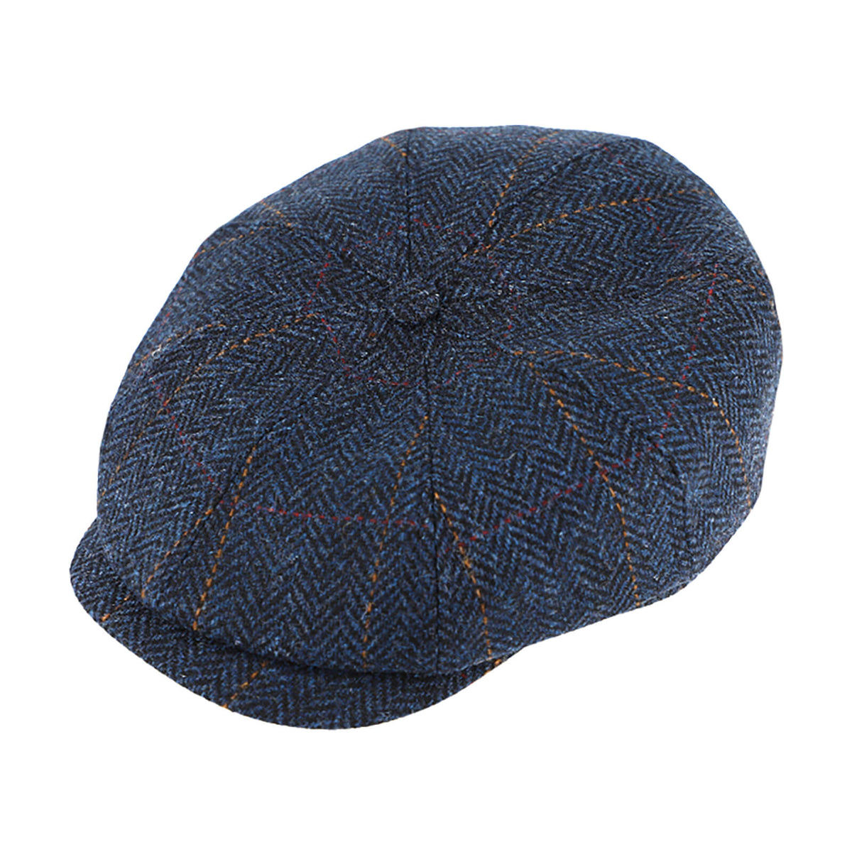Fiebig 8-Panel Cap Shetlandwolle mit Steg Fischgraet und Karo Marineblau