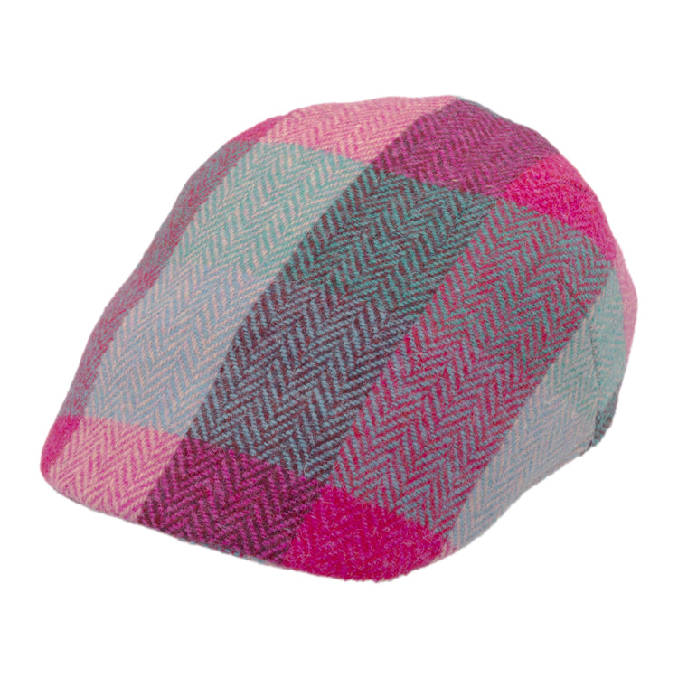 Fiebig Flatcap Harris Tweed buntes Karo Fischgrät Cassis