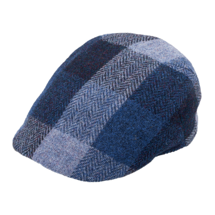 Fiebig Flatcap Harris Tweed buntes Karo Fischgrät Marineblau