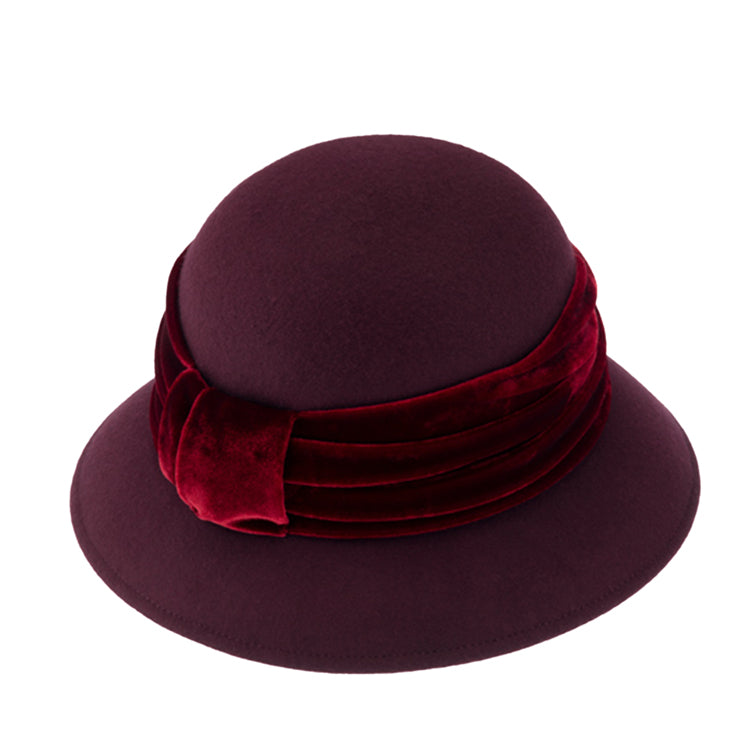 Fiebig Wollfilzhut Glocke zweifarbig gerafftes Samtband Bordeaux