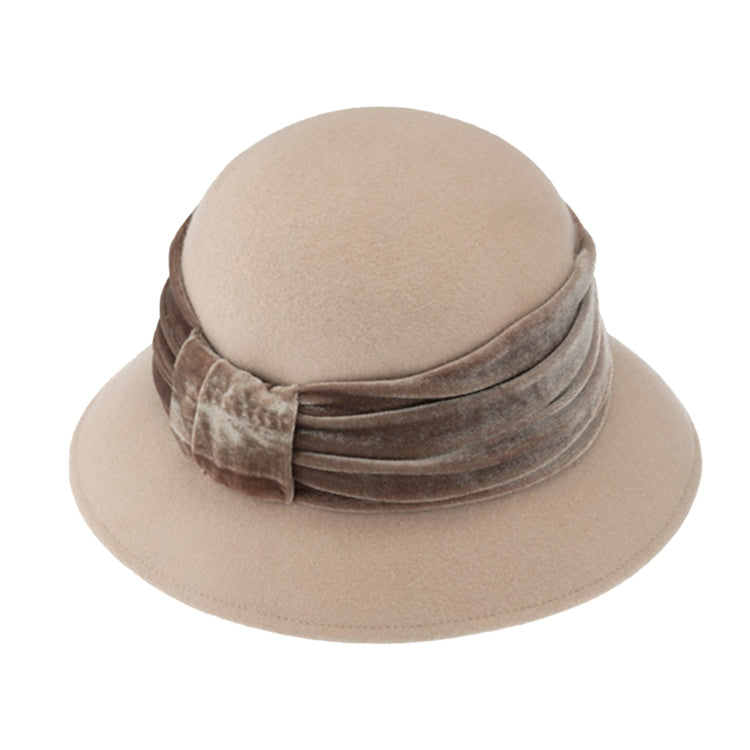 Fiebig Wollfilzhut Glocke zweifarbig gerafftes Samtband Beige