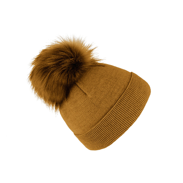 Fiebig Strickmütze mit Kunstfell Bommel und Umschlag Wolle uni – Cognac