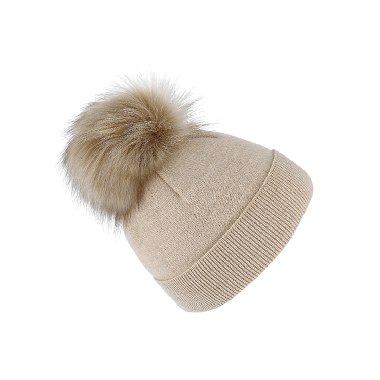 Fiebig Strickmütze mit Kunstfell Bommel und Umschlag Wolle uni – Beige