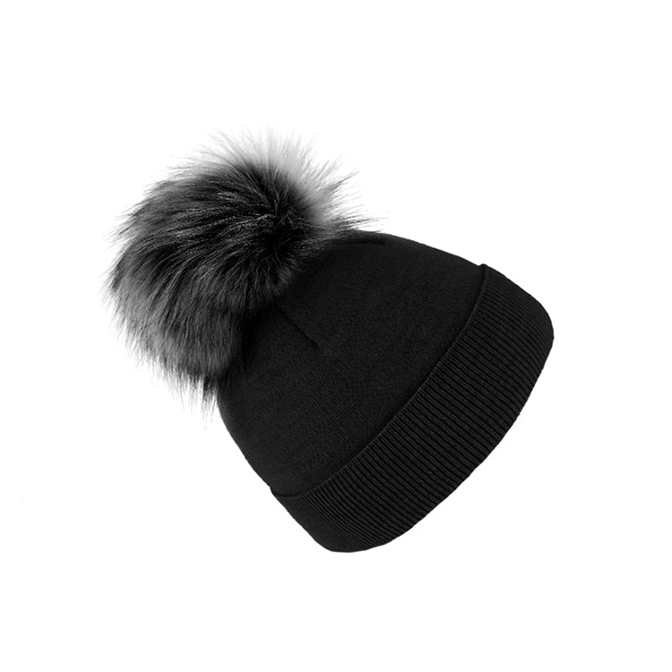 Fiebig Strickmütze mit Kunstfell Bommel und Umschlag Wolle uni – Schwarz