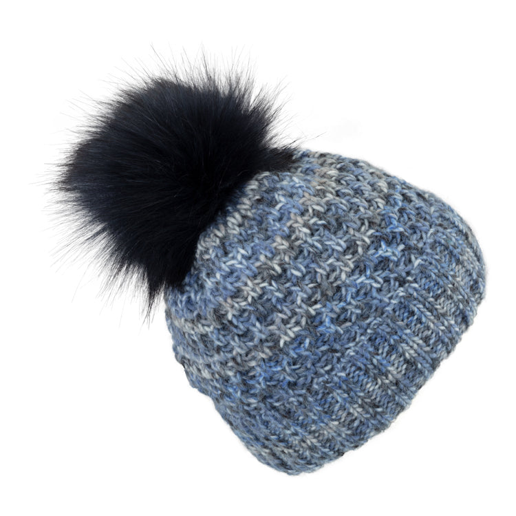Fiebig Strickmütze mit Kunstfellbommel und Umschlag melange – Jeansblau