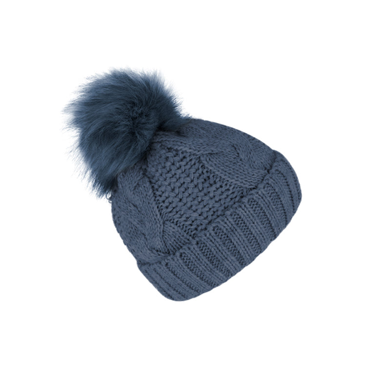 Fiebig Strickmütze mit Kunstfellbommel mit Umschlag uni – Jeansblau