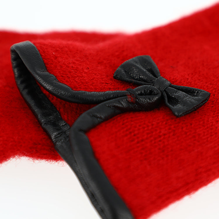 Fiebig Wollhandschuhe Uni mit Lederkante & Schleife, Wollsiegel Rot