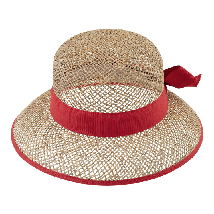 Fiebig Strohhut Glocke Seegras Ripsband und Einfass Rot