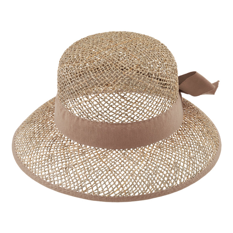Fiebig Strohhut Glocke Seegras Ripsband und Einfass Beige