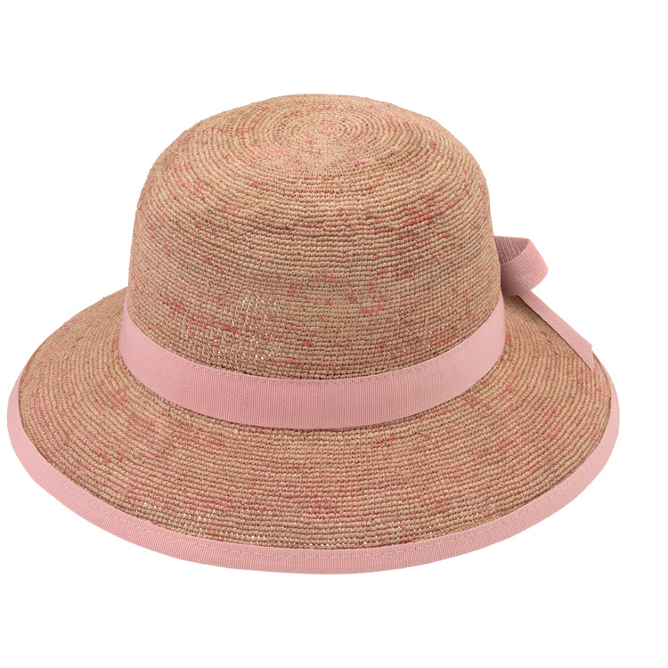 Fiebig Strohhut Glocke Raffia sehr fein mit Ripsband und Einfass Rosa