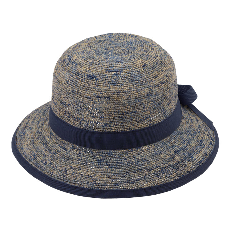 Fiebig Strohhut Glocke Raffia sehr fein mit Ripsband und Einfass Marineblau