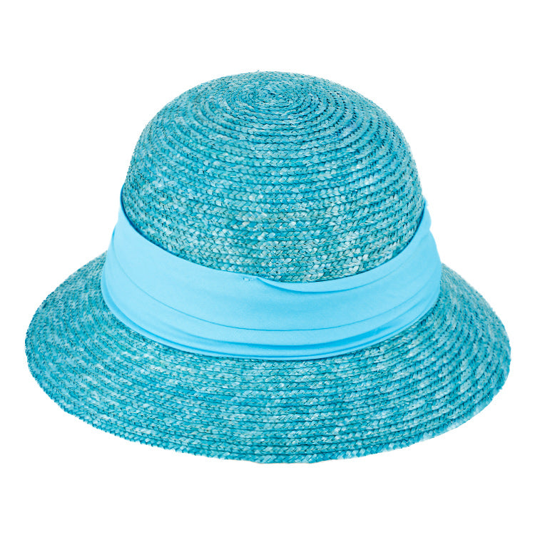 Fiebig Strohhut kleine Glocke Bortenstroh textiles Band UV-Schutz Aquablau