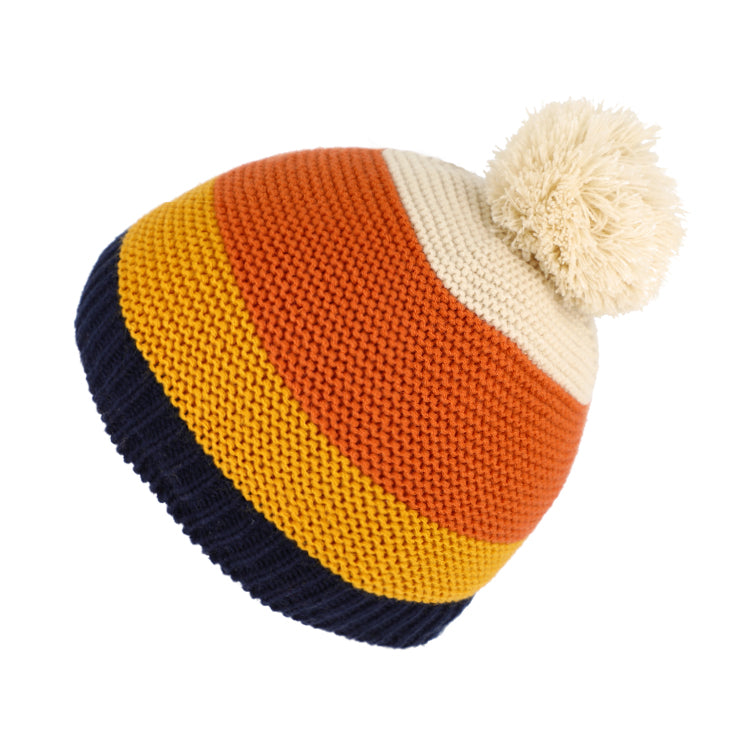 Fiebig Strickmütze Blockstreifen mit Bommel Marineblau