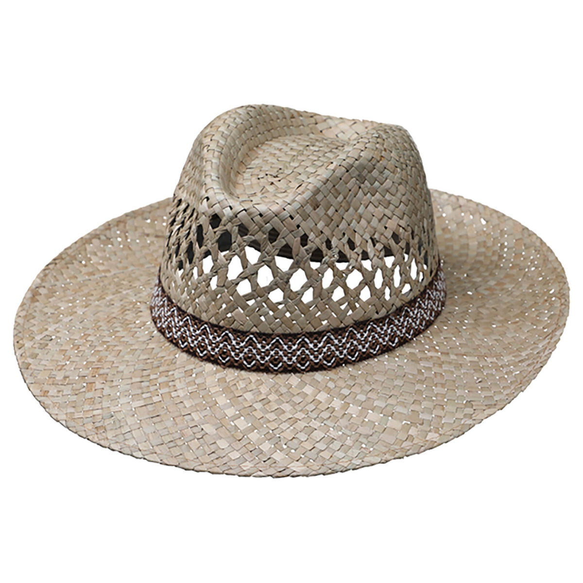 Fiebig Strohhut Fedora mit breiter Krempe + gemustertem Band Natur