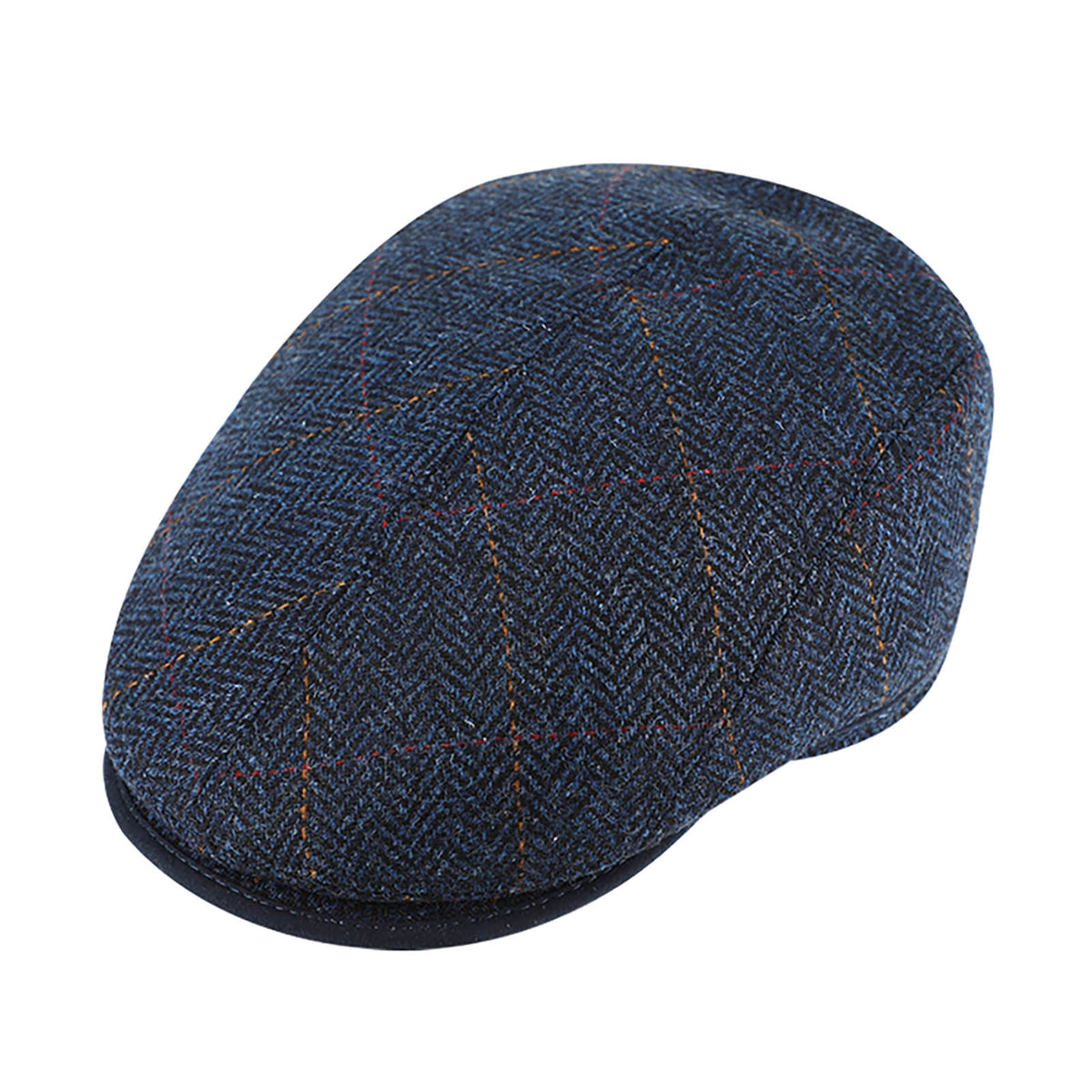 Fiebig Flatcap Shetland Wolle Fischgraet und Karo Marineblau
