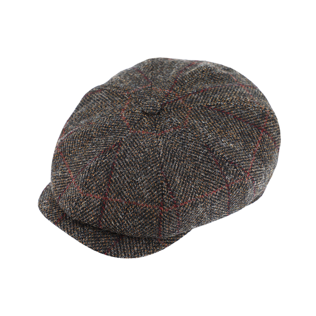Fiebig 8-Panel Cap Shetlandwolle mit Steg Fischgraet und Karo Braun