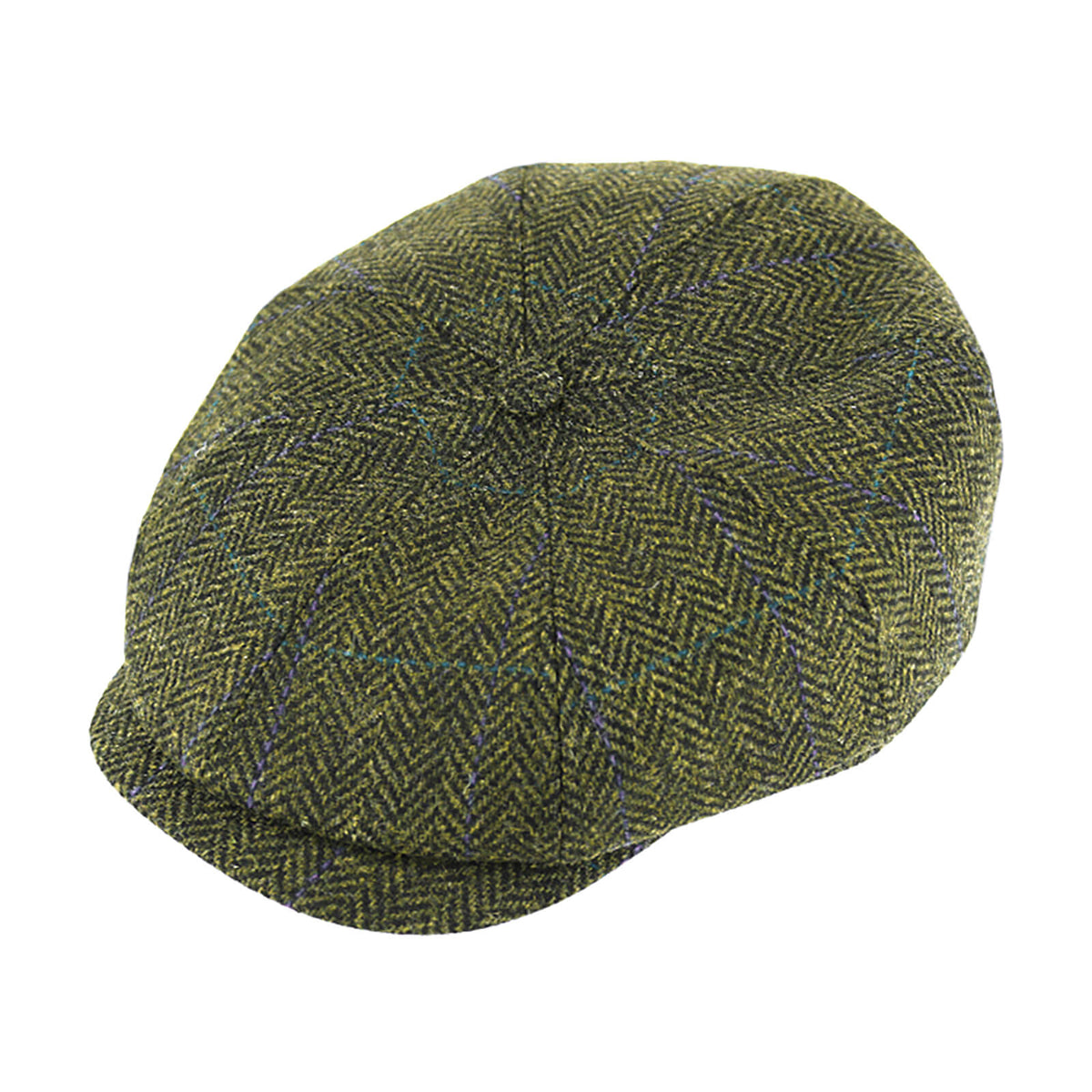 Fiebig 8-Panel Cap Shetlandwolle mit Steg Fischgraet und Karo Oliv