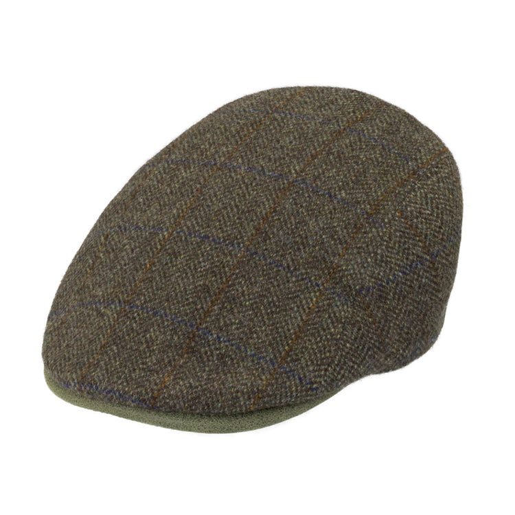 Fiebig Flatcap Schurwolle Fischgrät feines Karo Olivgrün