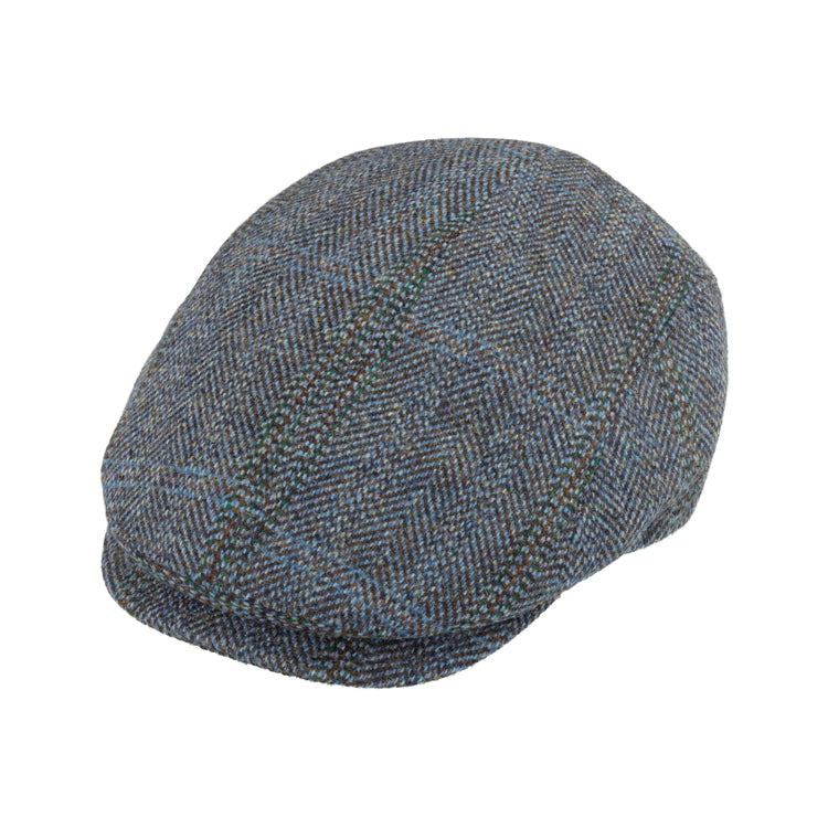 Fiebig Flatcap Schurwolle Harris Tweed Fischgrät meliert Jeansblau