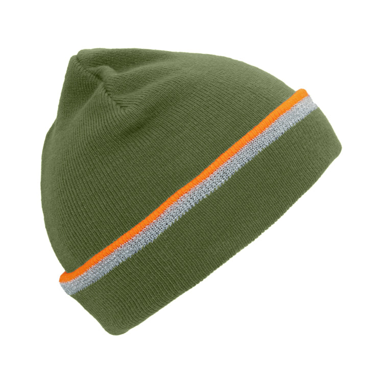 Fiebig Strickmütze Beanie reflektierender Streifen – Olivgrün
