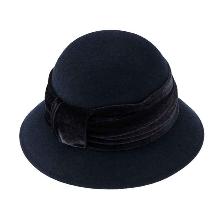 Fiebig Wollfilzhut Glocke zweifarbig gerafftes Samtband Marineblau