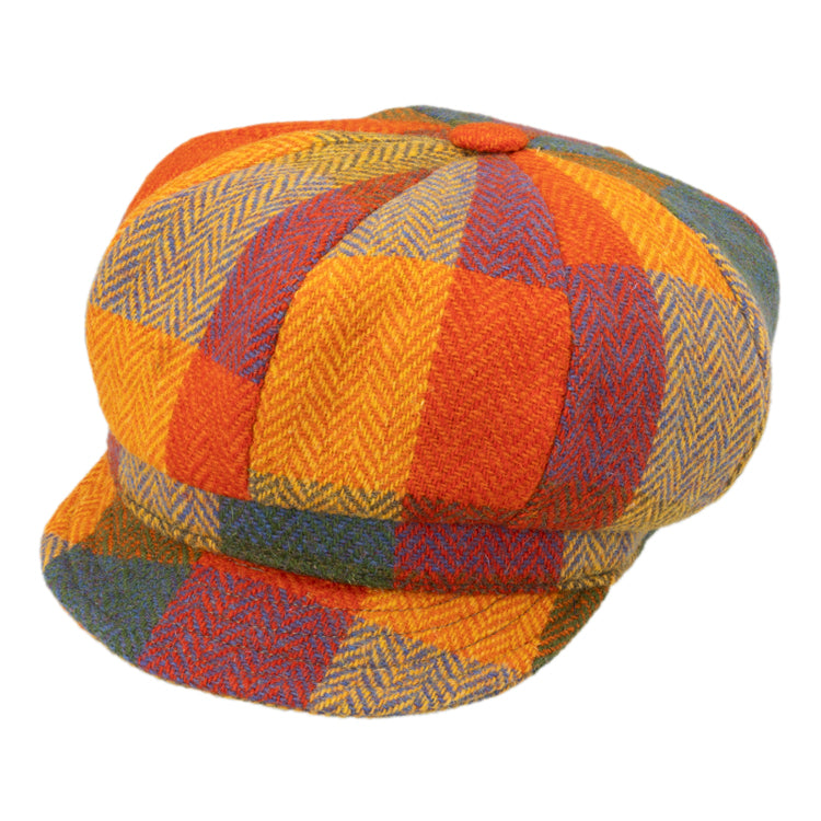 Fiebig Balllonkappe Harris Tweed buntes Karo Fischgrät Zimt