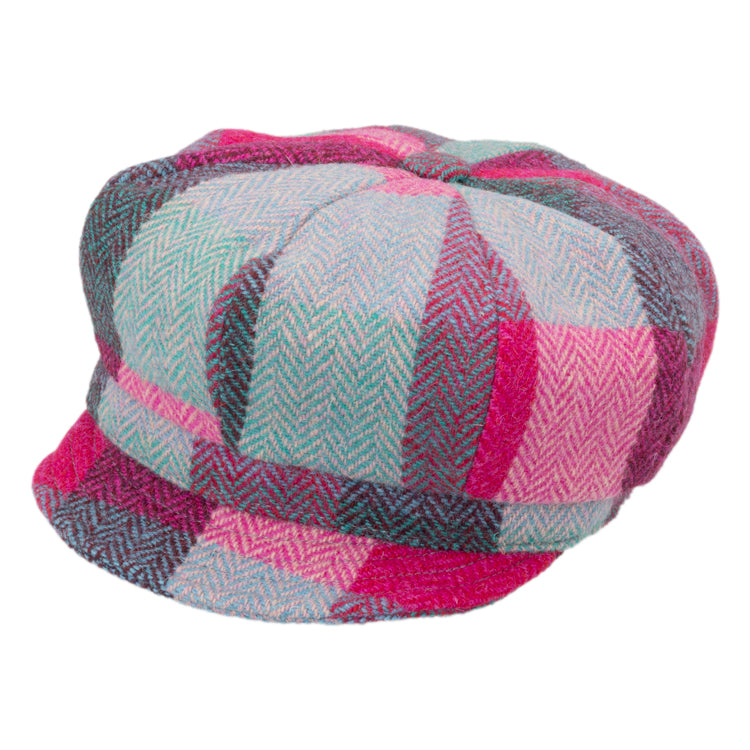 Fiebig Balllonkappe Harris Tweed buntes Karo Fischgrät Cassis