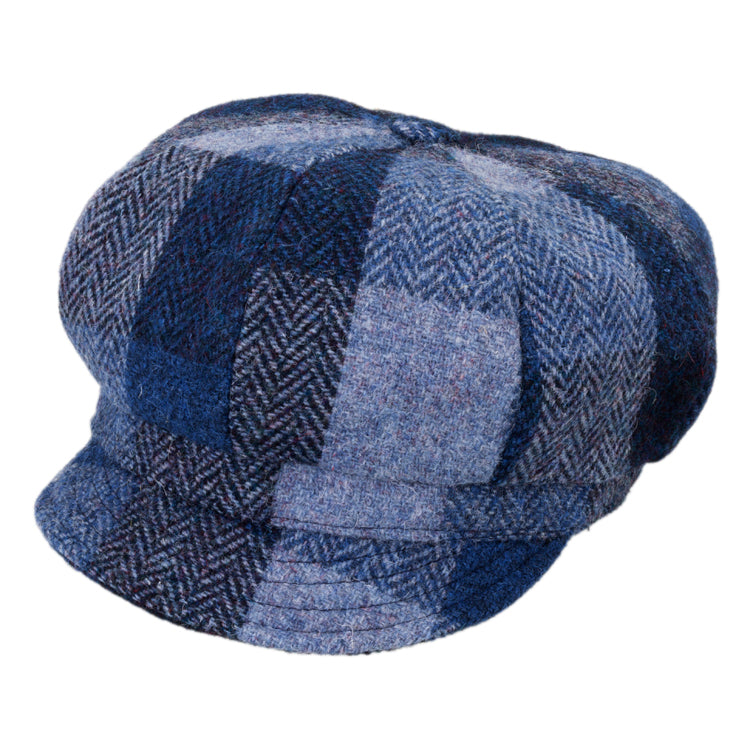 Fiebig Balllonkappe Harris Tweed buntes Karo Fischgrät Marineblau