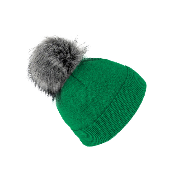 Fiebig Strickmütze mit Kunstfell Bommel und Umschlag Wolle uni – Smaragd