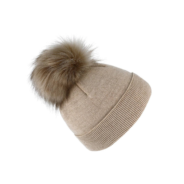 Fiebig Strickmütze mit Kunstfell Bommel und Umschlag Wolle uni – Taupe