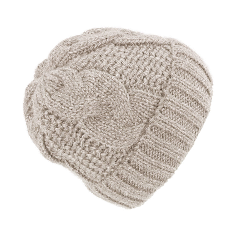 Fiebig Strickmütze Zopfstrick mit Umschlag melange – Beige