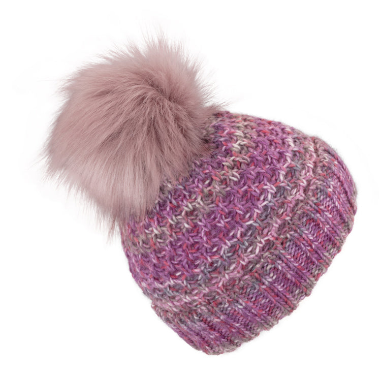 Fiebig Strickmütze mit Kunstfellbommel und Umschlag melange – Pink