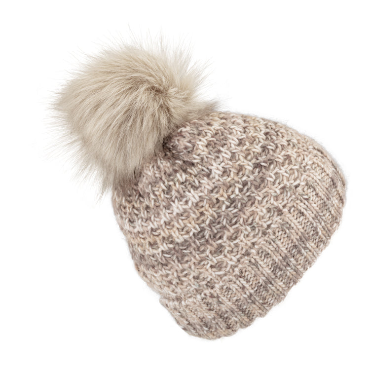 Fiebig Strickmütze mit Kunstfellbommel und Umschlag melange – Beige