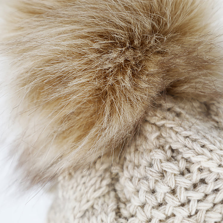 Fiebig Strickmütze mit Kunstfellbommel mit Umschlag uni – Beige