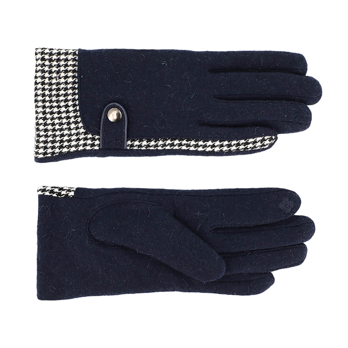 Fiebig Handschuhe Wolle Hahnentritt uni mit Druckknopf Marineblau