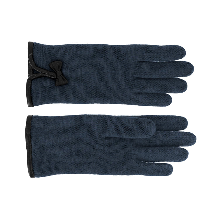 Fiebig Wollhandschuhe Uni mit Lederkante & Schleife, Wollsiegel Marineblau