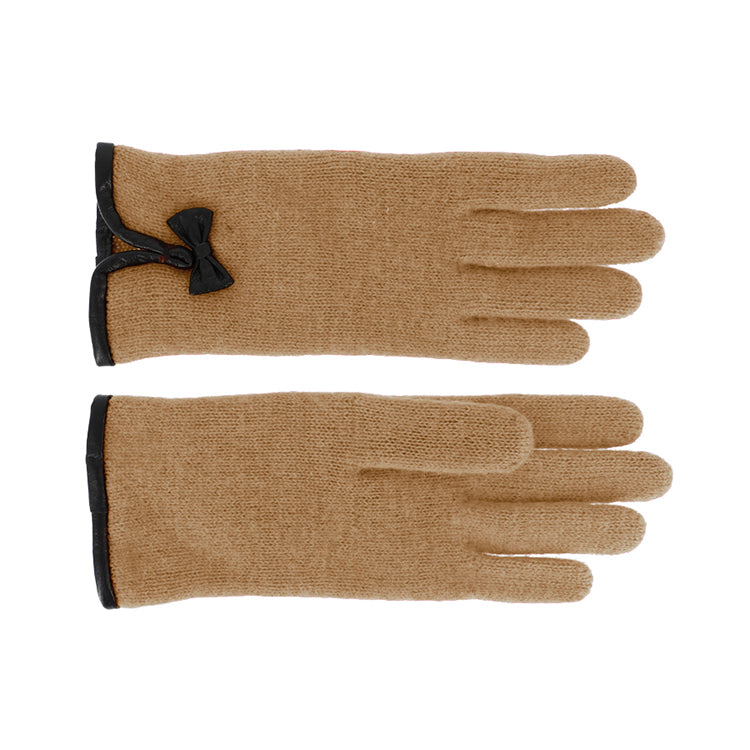 Fiebig Wollhandschuhe Uni mit Lederkante & Schleife, Wollsiegel Beige
