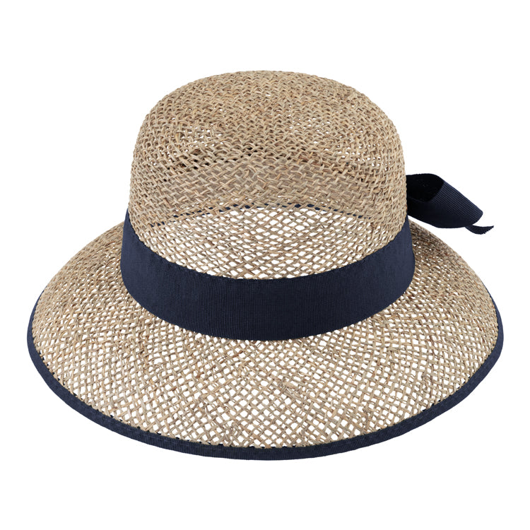 Fiebig Strohhut Glocke Seegras Ripsband und Einfass Marineblau