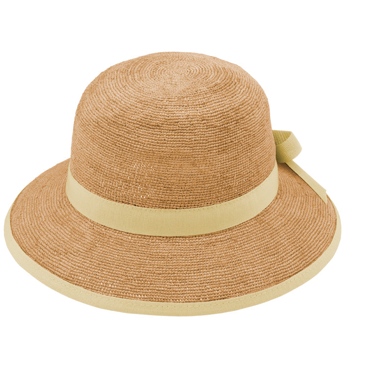 Fiebig Strohhut Glocke Raffia sehr fein mit Ripsband und Einfass Beige