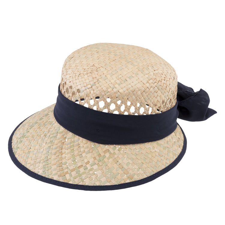 Fiebig Strohhut Schute mit gleichfarbigem Chiffonband und Einfass Marineblau