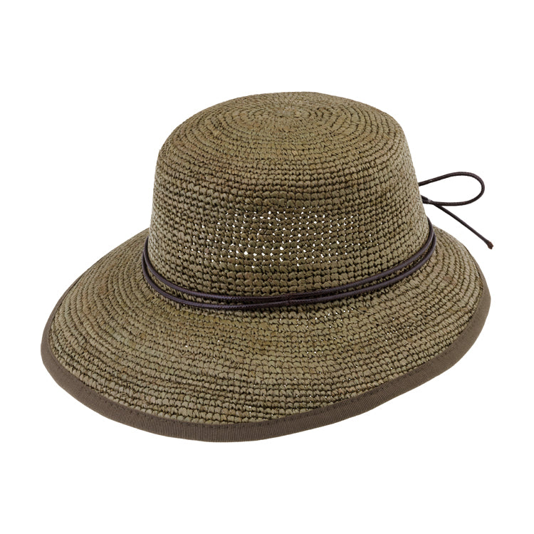 Fiebig Strohhut Schute Raffia Crochet mit Band und Einfass Olivgrün