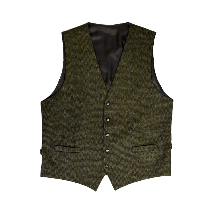 Fiebig Weste Shetland Wolle Herringbone mit Viskose Futter Olivgrün